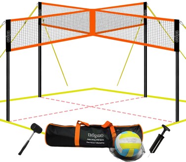 4-Way Volleyball and Badminton Net Combo Game Set - 20ft x20ft Adjustable Height Four Square Volleyball Game net for Backyard and Beach, Coming with Soft Volleyball, Rubber Hammer with Carry Bag