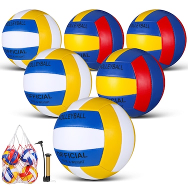 Junkin 6 Pack Volleyballs Official Size 5 Waterproof Soft Volleyball with Pump and Net Bag Outdoor Indoor Beach Gym Game Training Sport Gift for Adults(Blue Yellow Red, Blue White Yellow)