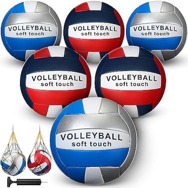 6 Pcs Volleyballs Official Size 5 Waterproof Soft Recreational Volleyball with Pump and Net Bag for Kids Youth Adults Indoor Outdoor Beach Sports Gym Game Training (Blue White Silver Red Navy Blue)