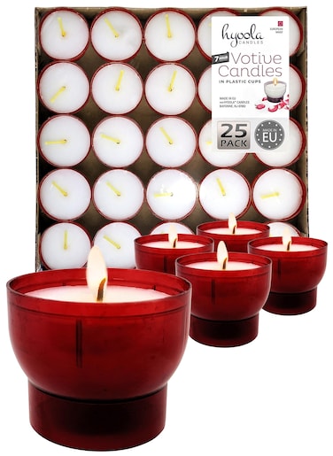 Hyoola Tea Lights Votive Candles Pack of 25 - Red Votive Candles Unscented in Plastic Cup - 7 Hour Burn Time Unscented Votive Candles - European Made
