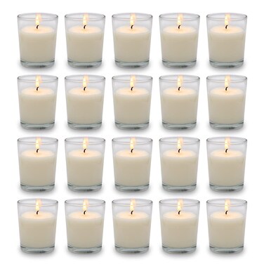 Set of 20 Black Votive Candles for Halloween Pumpkin, Clear Glass Filled Unscented Soy Wax Candle for Dinner Parties, Home Decorations and DIY