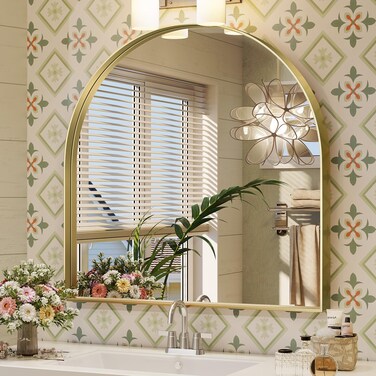 Brightify Arched Mirror, 31 x 33 Inch Gold Arch Mirror, Metal Frame Gold Arched Wall Mirror, Arched Top Bathroom Vanity Mirror for Living Room Bedroom Mantle Entryway Hallways