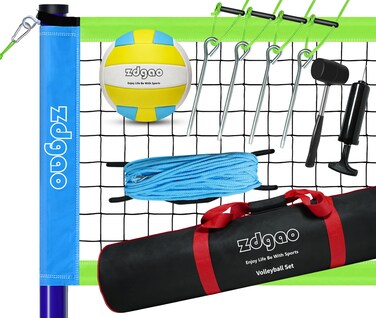 Outdoor Portable Volleyball Net System - Adjustable Height Poles with Soft Volleyball Ball, Pump, Hammer, Boundary Line, and Carry Bag for Backyard, Beach, Lawn