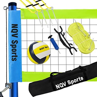 NQV Professional Portable Outdoor Blue Green Volleyball Net Set with Adjustable 3 Levels Height Steel Poles, Anti-sag System,Volleyball,Pump,Boundary Line and Carrying Bag for Backyard