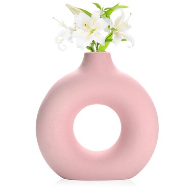 Joynisy Donut Vase Circle Hollow Vase Modern Matte Ceramic Vase Decorations for Entryway Living Room Dining Table Centerpiece Office Home Decor (Pink-9")