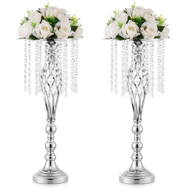 Inweder Wedding Centerpiece Table Decorations - 2 Pcs Silver Vase for Centerpieces with Chandelier Crystals, 21.7in Tall Flower Vase, Wedding Metal Flower Stand for Event, Birthday, Home Decoration