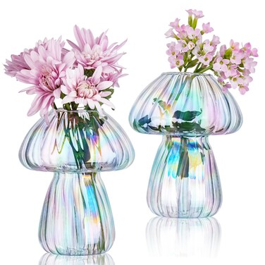 NiHome Iridescent Hand-Blown Glass Mushroom Vases Set of 2 for Table, Windowsill, Countertop, 4.3" Tall Nature-Inspired Artistic Decor Adorable Home Accent, Smooth Finish for Fresh Flowers, Greenery
