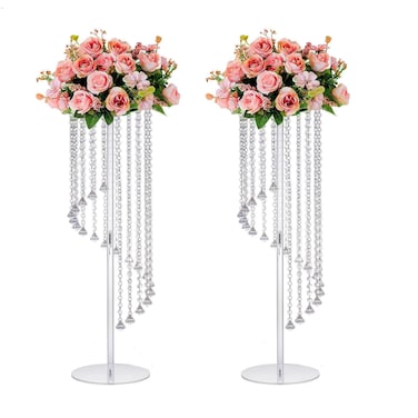 Clear Acrylic Tall Flower Vases -2 Pcs 31.5" Cylinder Pedestal Stands for The Table Centerpieces for Parties, Chandelier Crystals Decorative Flower Stand, Wedding, Celebration, Home Decoration