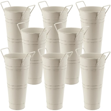 ZEONHEI 8 Pack 9 Inch Tall Galvanized Flower Bucket, Beige Farmhouse French Flower Bucket with Handle, Rustic Bucket Vintage Metal Vases for Flower, Centerpieces, Floral Wedding Arrangements