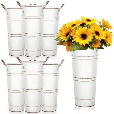 9 Inch High Galvanized French Bucket Vase with Handle 6Pcs White Metal Farmhouse Flower Vases Ideal for Dried Floral Arrangements at Home for Weddings Gift Spa and Aromatherapy Settings O4