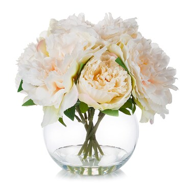 ENOVA FLORAL Artificial Peony Flower with Vase, Fake Flowers Arrangement in Vase, Artificial Flower with Vase, Faux Peony in Glass Vase for Home Office Kitchen Decor, Wedding(Peach)