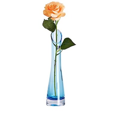 Hand-Made Blown Art Bud Glass Flower Vase Oblique Mouth Single Bud Vase Heavy Base Single Stem Flower Drop Vase for Flower and Office Bud Home Wedding Decor (Blue-23cm)