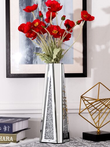 SHYFOY Flower Vase Crushed Diamond Mirrored Vase for Home Decor Crystal Silver Glass Decorative Mirror Vase Stunning Luxury Tall Vases for Flowers Centerpieces - 13 inches, Can't Hold Water