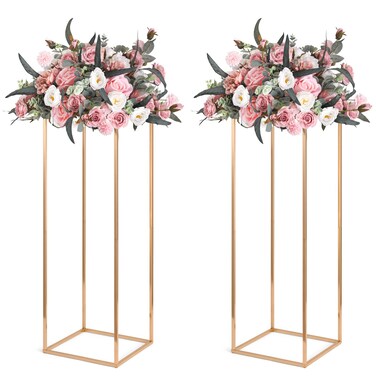 Gold Wedding Flower Stands, Set of 2 Metal Vases Column Geometric Wedding Table Display Centerpieces 31&Acirc;&frac12; inches Tall Floral Decoration Holders for Wedding Party Decor