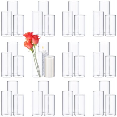 Didaey 36 Pcs Glass Cylinder Vases for Centerpieces Tall Clear Glasses Flowers Vase Hurricane Floating Candles Holders Bulk for Table Centerpieces Wedding Home Decor (3.4'' X 6'',8'',10'')