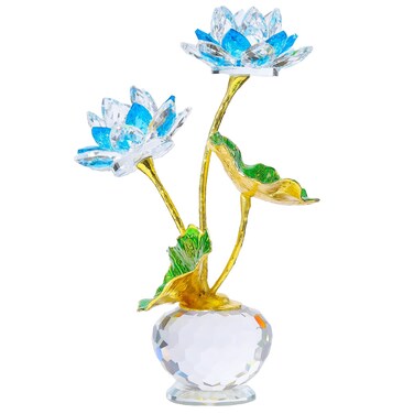 YWHL Blue Crystal Lotus Flower Figurine with Vase, Handmade Lotus Gifts Bouquet for Women on Birthday Christmas Mother's Day, Glass Lotus Flower Home Party Office Decor