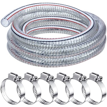 Frienda Heavy Duty Steel Wire Flexible Tubing with Fasteners PVC High Pressure Drain Hose Tube Pond Tubing Clear Wire Reinforced Hose for Pond Bilge Pump Hose Vacuum Suction Hose (10 Ft, 1-1/2Inch ID)