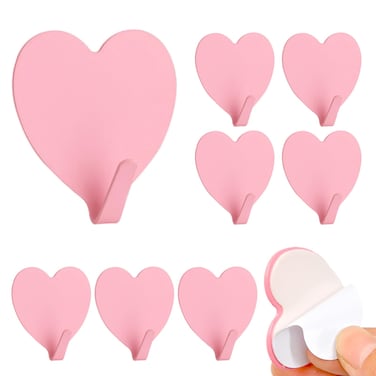 DueHoppee Heart Wall Hooks, 8 Pack, Small Pink Decorative Accessories, Purse Hanger for Girls Room, Stainless Steel, Sturdy Adhesive for Hanging Keys, Bags, Towels, Clothes