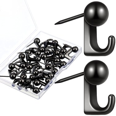 30 Pieces Metal Push Pin Hangers Pin Wall Hooks Picture Hanging Pin Picture Nails Frame Oil Painting Hooks on Wooden or Fabric Wall for Home or Office (Black)