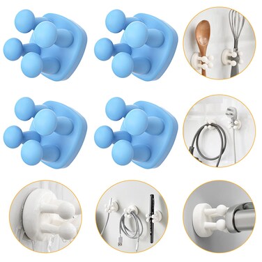 4 Pack Self Adhesive Hooks Holders,Silicone Decoration Hooks Stick to Wall Door,for Hanging Towel Key Clothes Plug Cable,Functional Utility Holders Wide Use for Hanging Bathroom (Blue)