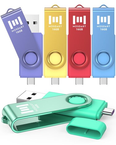 MOSDART 16GB USB 2.0 C and A Dual Flash Drive, FAT32 Memory Stick, for iPhone 15 and 16, Android Phone, iPad, MacBook, and Other Laptops, Vibrant Colors (Pack of 5)