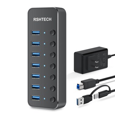 Powered UBS Hub, RSHTECH 7 Port USB 3.0/USB C Hub Upgraded Version Aluminum USB Splitter with 2-in-1 USB Cable,5V 3A Power Adapter and Individual Switches, USB Port Expander for Laptop/PC, RSH-ST07