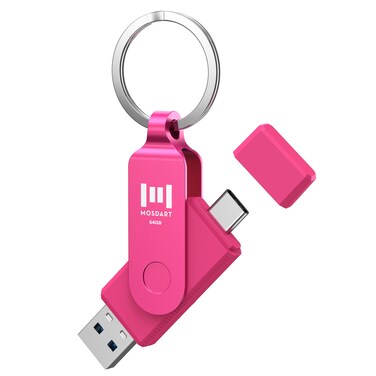 MOSDART 64GB USB3.1 Fast Speed C and A Dual Flash Drive, exFAT Memory Stick with Keychain and LED Indicator, for iPhone 15 and 16, Android Phone, iPad, MacBook, and Other Laptops, Hot Pink
