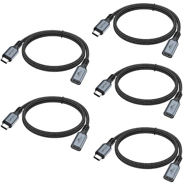 USB C Extension Cable 5-Pack, 6FT Type C Extender Cord 100W Fast Charging 10Gbps Data 4K@60Hz Video, USBC Male to Female Cable USB 3.2 Gen 2 Compatible for Laptop,Tablet,Mobile Phone,Car,USB C Hub