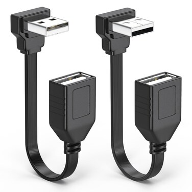 JUXINICE 2PCS 90 Degree USB2.0 Extension Cable Flat Right Angle Male to Female USB Cable, Soft 4 Inch-10CM UP Angle + Down Angle on Each, for Car Carplay