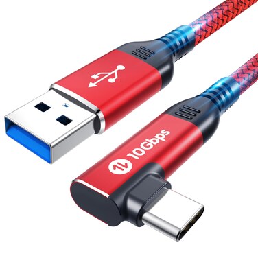 USB C Cable 1.5FT, 10Gbps Android Auto USB C 3.1 Gen 2 to USB Cable Data Transfer, Right Angle USB to USB C 3A Fast Charging for Galaxy S23 S22, SSD, Pixel-Red