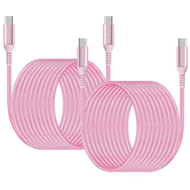 Awnuwuy 15ft USB C to USB C 100W Cable Pink (2-Pack), Long USB Type C Charger Fast Charging Braided Cable Compatible with iPhone 15 Pro Max,MacBook Pro M1 Max, iPad Pro Air 4th 3rd, PS5, Samsung S23