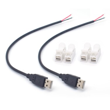 ELNONE 18AWG 2PCS USB 2 Wire Pigtail Cable,0.3M/1FT USB 2.0 Male Plug 2 Pin Bare Wire Extension Cable 5V 7A DIY Connector Replacement Pigtail Wire Cable with 2-Position Spring Wire Connector