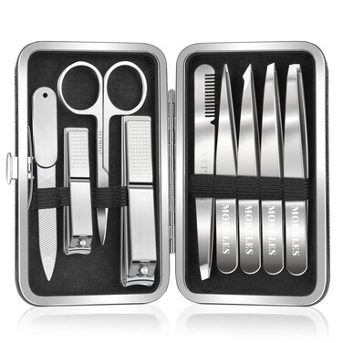 Tweezers and Nail Clipper Set with Case for Men Women, MORGLES 9 Pcs Professional Stainless Steel Tweezers No Gaps