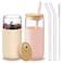 VITEVER 20 OZ Glass Cups with Bamboo Lids and Straws - Beer Can Drinking Glasses with Silicone Protective Sleeve Set, Iced Coffee Glasses, Cute Tumbler Cup for Water, Tea, Gift - Pink, Amber