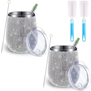 Perthlin Bling Water Bottle Bling Wine Tumbler Diamond Tumbler Rhinestone for Glitter Wine Glass Tumbler Trip Cups, Straw, Straw Brush and Cup Brush for Wine Coffee Cocktails Champaign(Silver,2 Sets)