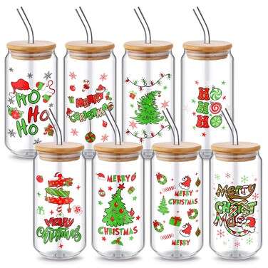 Sliner 8 Pcs 18oz Christmas Mason Jar Cups Christmas Gift Mug with Lid and Straw Christmas Tumbler Drinking Glasses Coffee Cups Jar Water Glassware Xmas Home Decorations Gift for Women Men(Snowman)