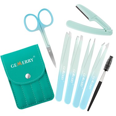 GEMERRY Eyebrow Tweezer Set, 7 Pcs Lash Tweezers Set for Women, Precision Tweezer for Eyebrows with Curved Scissors and Eyebrow Razor and Lashes Brush for Ingrown Hair Stainless Steel Eyelash Tweezers
