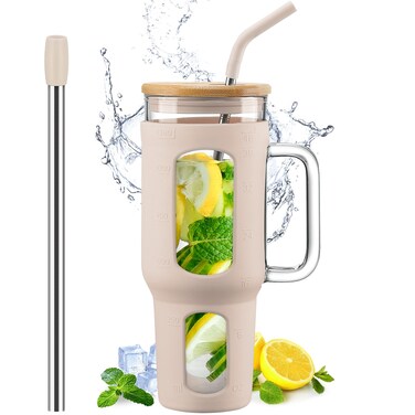 WINSA Glass Tumbler with Lid and Straw, 46 oz Iced Coffee Cup with Handle, Glass Water Bottles with Silicone Sleeve, Glass Cup with Straws - Pearl Straw &amp; Drinking Straw BPA Free-Amber