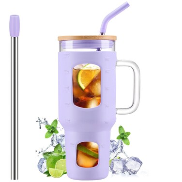 WINSA Glass Tumbler with Straw and Lid, 40 oz Glass Cup with Handle, Glass Water Bottles with Time Marker, 2 Straws - Pearl Straw &amp; Drinking Straw Silicone Protective Sleeve-Purple