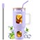 WINSA Glass Tumbler with Straw and Lid, 40 oz Glass Cup with Handle, Glass Water Bottles with Time Marker, 2 Straws - Pearl Straw &amp; Drinking Straw Silicone Protective Sleeve-Purple