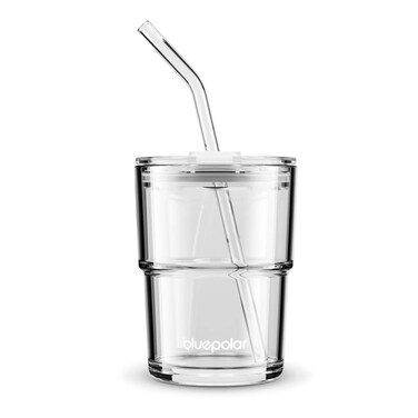 BLUEPOLAR 13oz/400ml Glass Water Tumbler with Straw and Lid Sealed Carry On Thick Wall Iced Coffee Cup Glass Cup for Water, Iced Tea Fruit Juice Etc(Aurora White