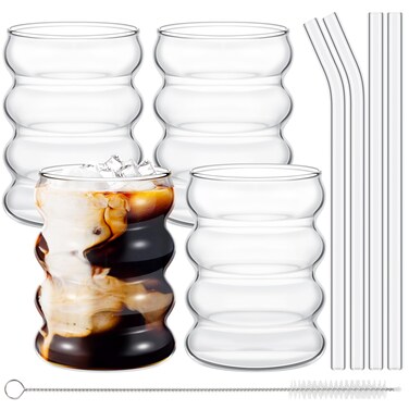 Tessco 4 Pcs Creative Glass Cups Vintage Drinking Glasses Ribbed Glassware Aesthetic Cups Entertainment Dinnerware Glassware with Straws Set for Kitchen Coffee Juice Beverage (Clear,13.5 oz)
