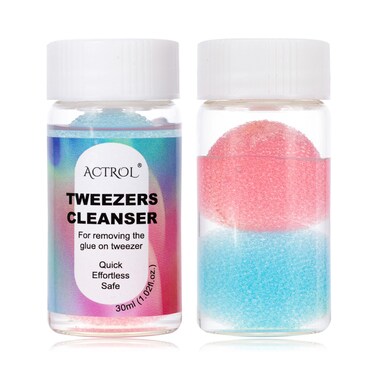 Eyelash Extensions Tweezer Cleanser 1 Bottles Lash Tweezers Cleaning Tool for Lash Glue Remover with Sponge Blue Pink Ball Lash Tweezer Liquid Supplies