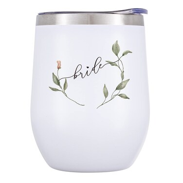 Crisky Greenery Bride Wine Tumbler for Bride Gift Vacuum Insulated Stainless Steel Drink Cup with Straw for Bride to Be   Engagement Glass   Newly Engaged Travel Mug   Future Mrs   Bachelorette 12oz