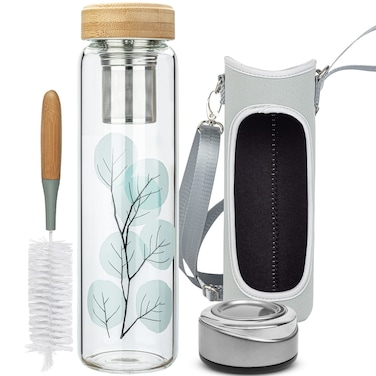Reeho 32oz Borosilicate Glass Water Bottle with Tea Infuser, Tea Tumbler with Strainer, Reusable Travel Mug with Sleeve &amp; 2 Lids, for Hot or Cold Drinks, Loose Tea, Fruit