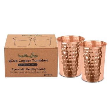 HealthAndYoga&acirc;&bdquo;&cent; qCup Pure Copper Tumblers for Drinking - Ayurvedic Health Pure Copper Cups &acirc;&euro;&ldquo; 2 pcs. set - 250 ml.(8 fl oz) (Hammered)