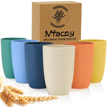 Mfacoy Wheat Straw Cups Set of 6, 12 oz Unbreakable Drinking Cups, Reusable Cups, Stackable Tumbler Cups, Colourful Water Cup Set for Kitchen, BPA Free, Dishwasher &amp; Microwave Safe, Cups with 6 Colors