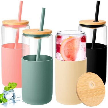 FillTouch 4 Pack 20 oz Glass Tumbler with Silicone Protective Sleeve Iced Coffee Cups with Lids Straw Can Shaped Glass Water Bottle for Christmas Home Outdoor (Cambridge Blue, Amber, Black, Pink)