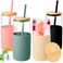 FillTouch 4 Pack 20 oz Glass Tumbler with Silicone Protective Sleeve Iced Coffee Cups with Lids Straw Can Shaped Glass Water Bottle for Christmas Home Outdoor (Cambridge Blue, Amber, Black, Pink)