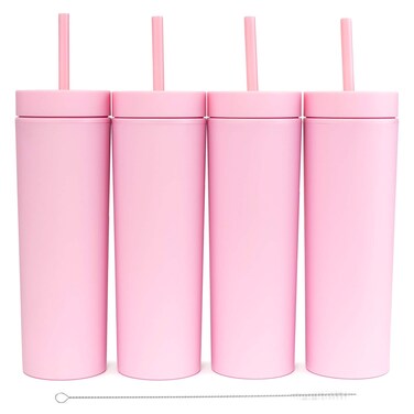 STRATA CUPS Pink Skinny Tumblers with Lids and Straws (4 pack) - 16oz Matte Pastel Colored Acrylic Tumblers with Lids and Straws, Double Wall Skinny Tumbler Bulk, Reusable Cup with Straw Cleaner